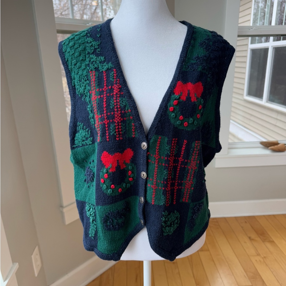 Vintage Christopher & Banks Navy Blue Hand Embroidered Christmas Vest Large